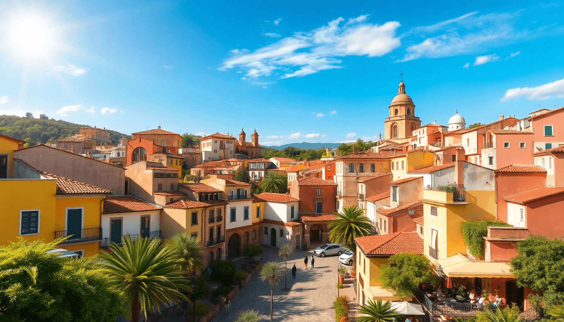 A vibrant Spanish landscape with colorful architecture, sunny skies, and lush greenery. Flamenco dancers and a table of tapas enhance the cultural ...