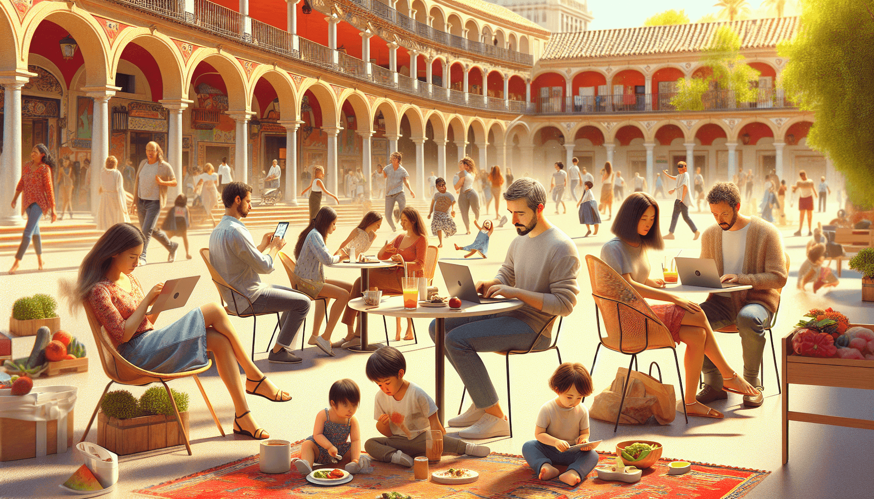 A vibrant photograph of a multicultural family in a sunny Spanish plaza, featuring Caucasian, Hispanic, and Asian members. Some family members are foc