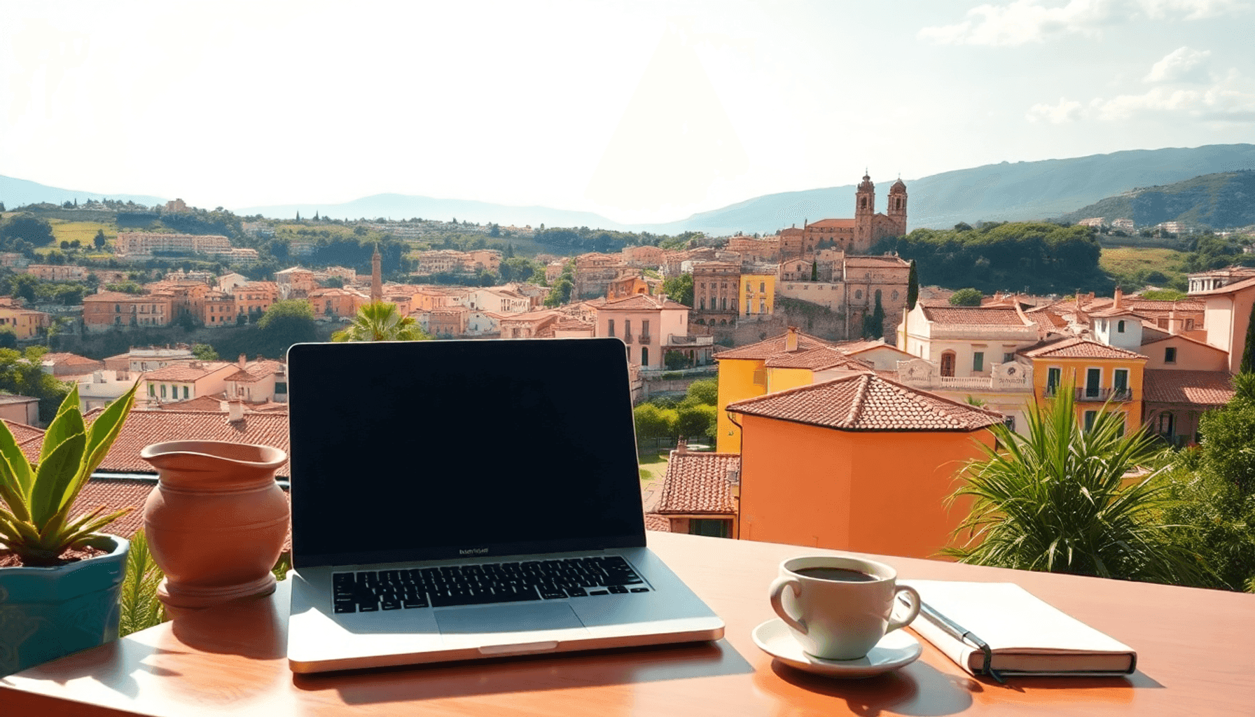 A laptop on a sunlit terrace, with a coffee cup and notebook beside it, overlooking vibrant traditional Spanish architecture and lush greenery.